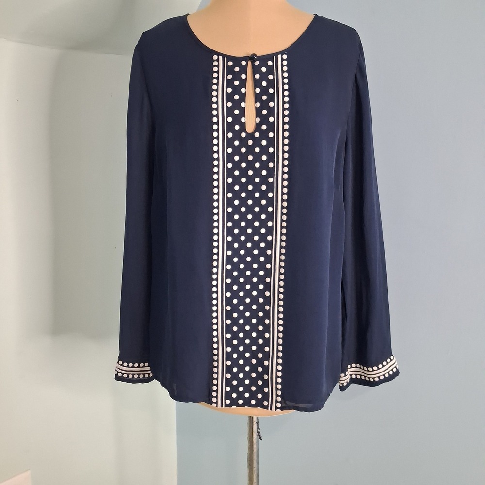 Vineyard Vines Womens Nautical Coastal Navy Blue 100% Silk Polka Dot Blouse Sz M